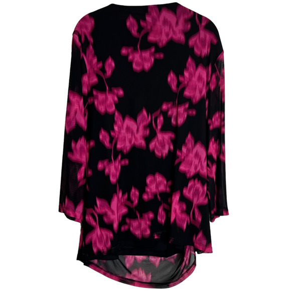 Calvin Klein Plus Size 2X Floral Print Mesh Asymmetric V-Neck 3/4 Sleeve Ruched - Picture 5 of 8